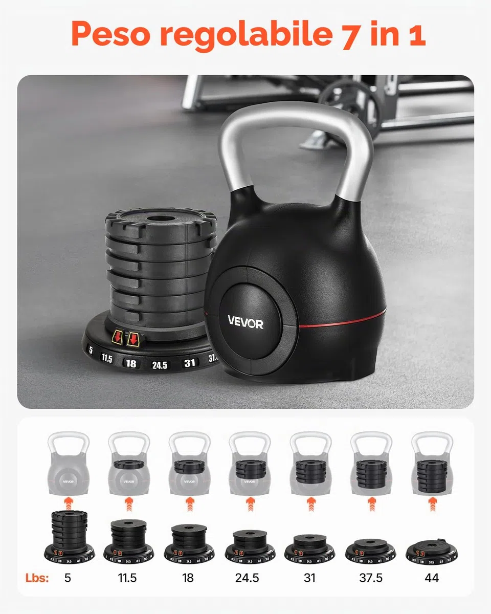 VEVOR Kettlebell, Kettlebell regolabile con 7 livelli di peso, alluminio pressofuso e materiale ABS, per allenamento della forza di presa, allenamento completo del corpo e cross-training