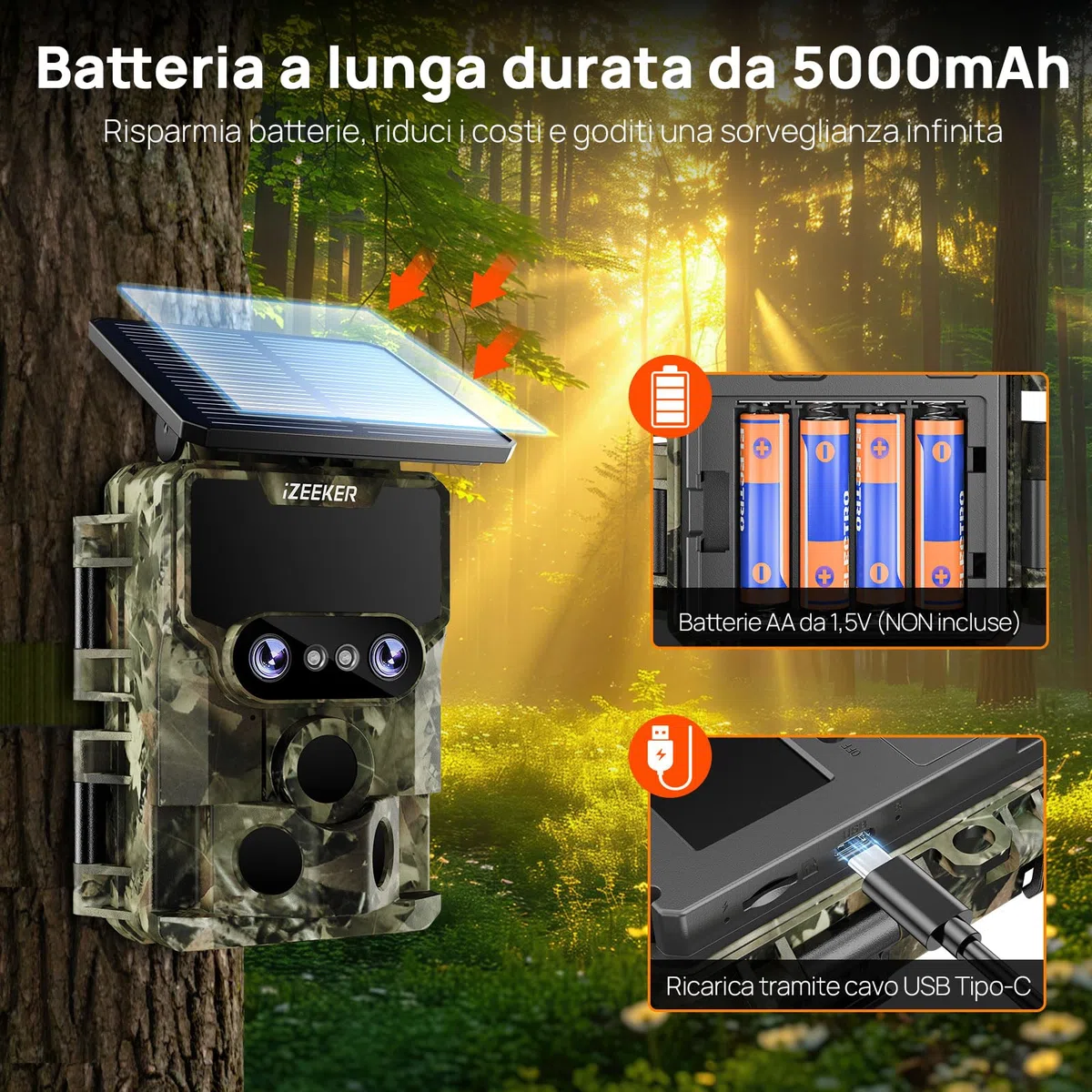 iZEEKER iG600 Fototrappola con Doppia Lente 4K 30fps 64MP, con Scheda SD 32GB, WiFi Bluetooth Fotocamera Caccia Visione Notturna Starlight Angolo di Rilevamento 120° Tempo di Trigger 0,1s IP66