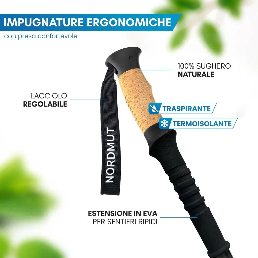 NORDMUT® Bastoni da trekking telescopici di alta qualità, in alluminio e carbonio, per nordic walking, regolabili per uomo e donna, con set di gommini e manico in vero sughero