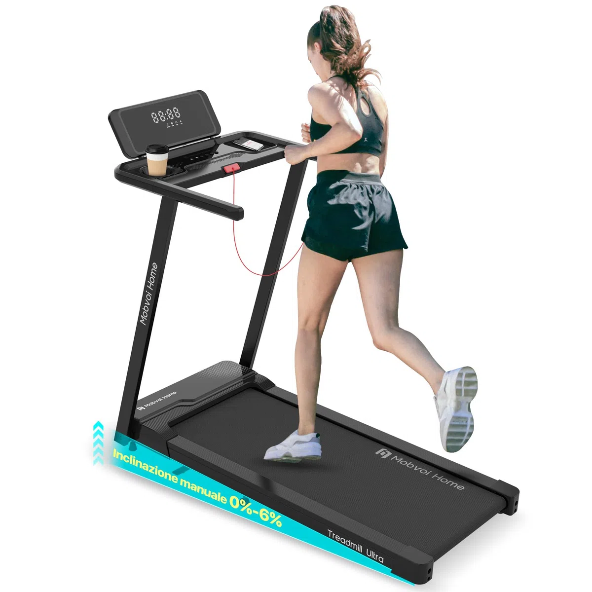 Mobvoi Home Tapis Roulant Ultra AI Intelligente 3 in 1 con Inclinazione del 6%, 12km/h 2,5HP Supporto per Tapis Roulant per Tazza Telefono Laptop Ampia Area di Corsa TicSports Zwift Kinomap 120kg