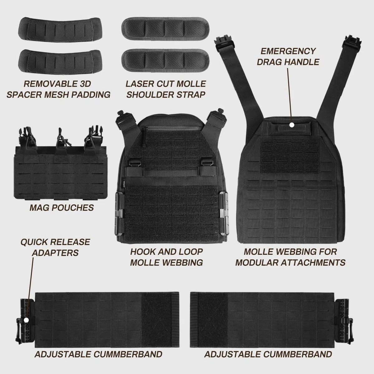 VOTAGOO Gilet tattico da uomo, gilet militare, gilet per paintball, traspirante, plate carrier paintball