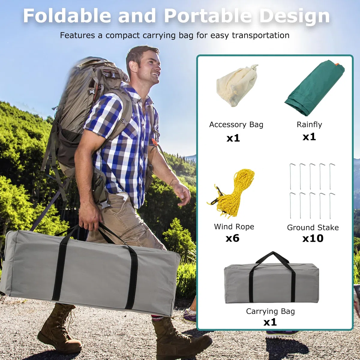 HOMASIS Tenda Campeggio con Portico e 2 Camere, Tenda Familiare da Esterno con 2 Finestre e 2 Porte, Gancio per Appendere la Lampada, Tasca Portaoggetti, Borsa da Trasporto, Grigio e Verde