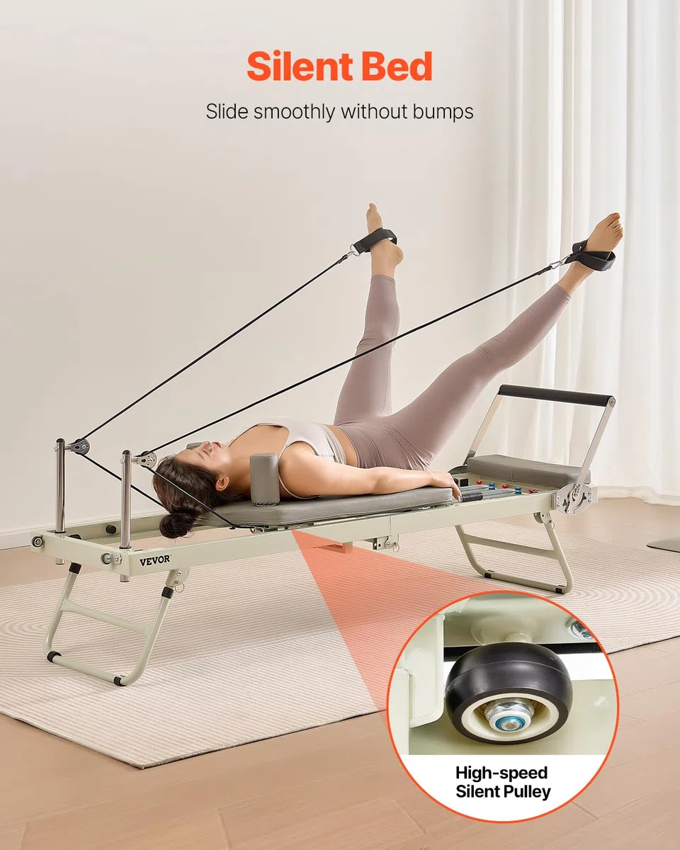 VEVOR Riformatore Pilates Pieghevole, Macchina per Allenamento Pilates per Palestra Casa, Letto Pilates con Doppia Resistenza Molla e Corda, per Utenti Avanzati Principianti, 2080x560x725 mm
