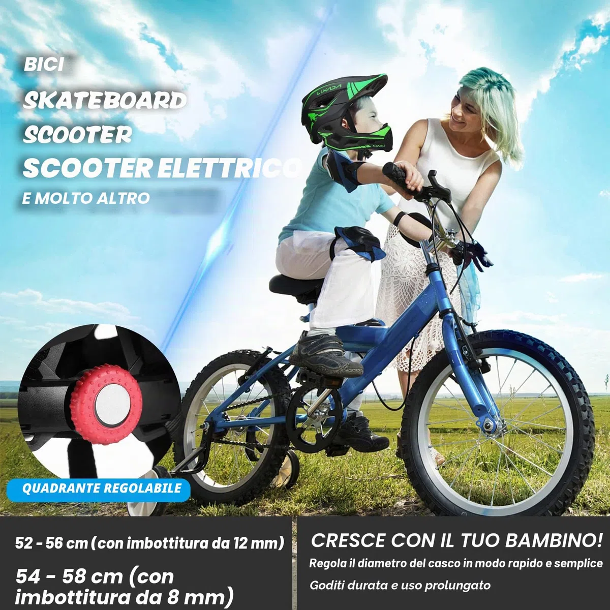 Lixada Casco Integrale per Bambini, Rimovibile per Bambini Ragazzi Ragazze Casco Protettivo per Ciclismo Skateboard Pattinaggio 52-56 cm