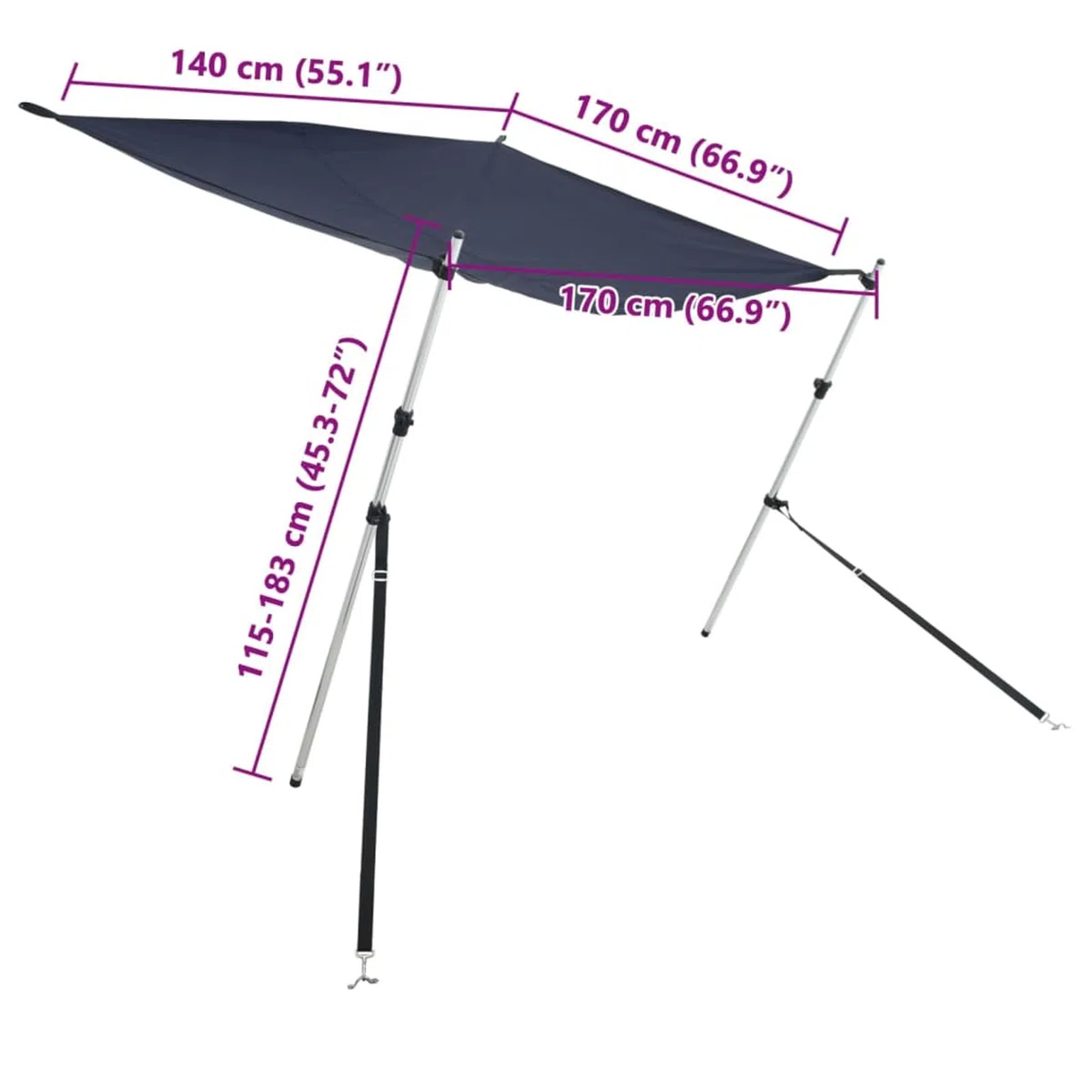 Tendalino Estensione a T, Ombreggiatura per Barche, 170x170x(115-183) cm, Poliestere 600D con Rivestimento PU e Struttura in Alluminio, Accessorio per Tendalino Bimini e Coperture Barca da Pesca e da