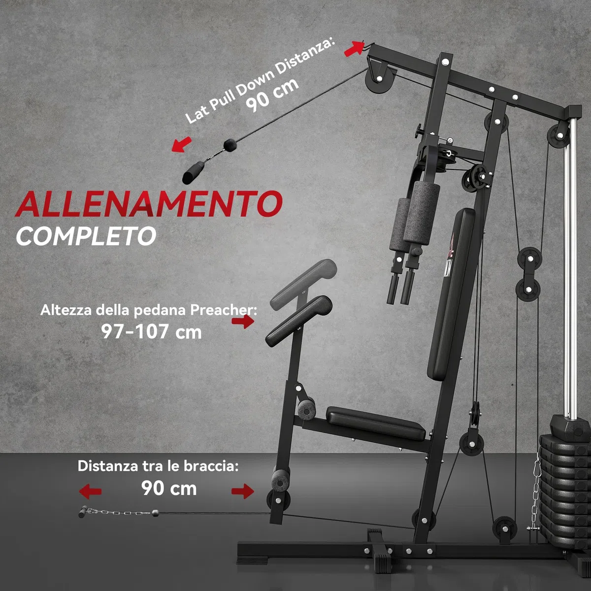 HOMCOM Stazione Fitness Multifunzione Power Tower con Pesi fino 45kg e Panca Imbottita per Allenamento a Casa e Professionale, per Chest Press, Lat Pull Down