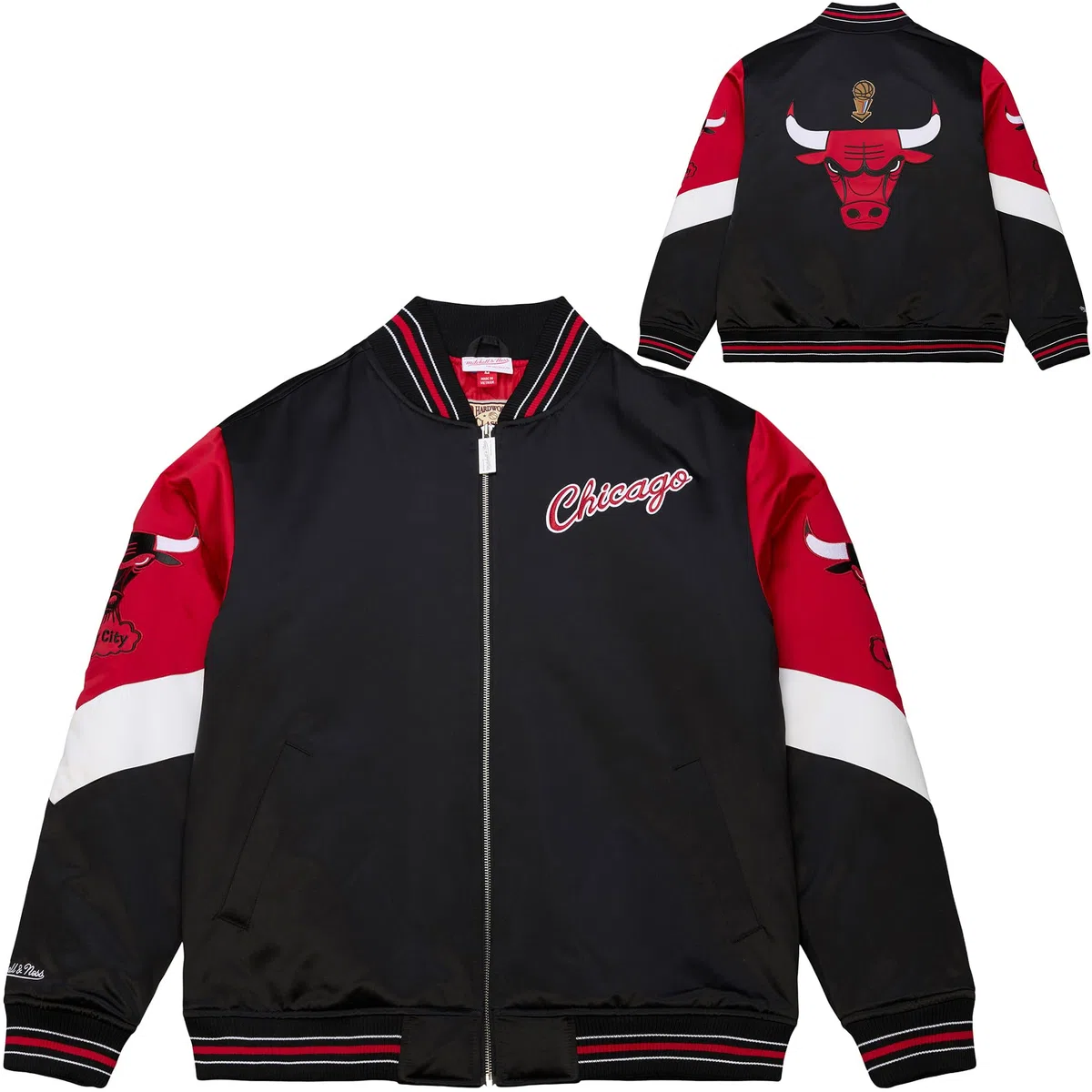 Mitchell & Ness Throw it Back Heavyweight Vintage Satin Giacca (NBA) con cerniera intera, loghi ricamati, uomini, donne, bambini, unisex, primavera, estate, autunno, inverno
