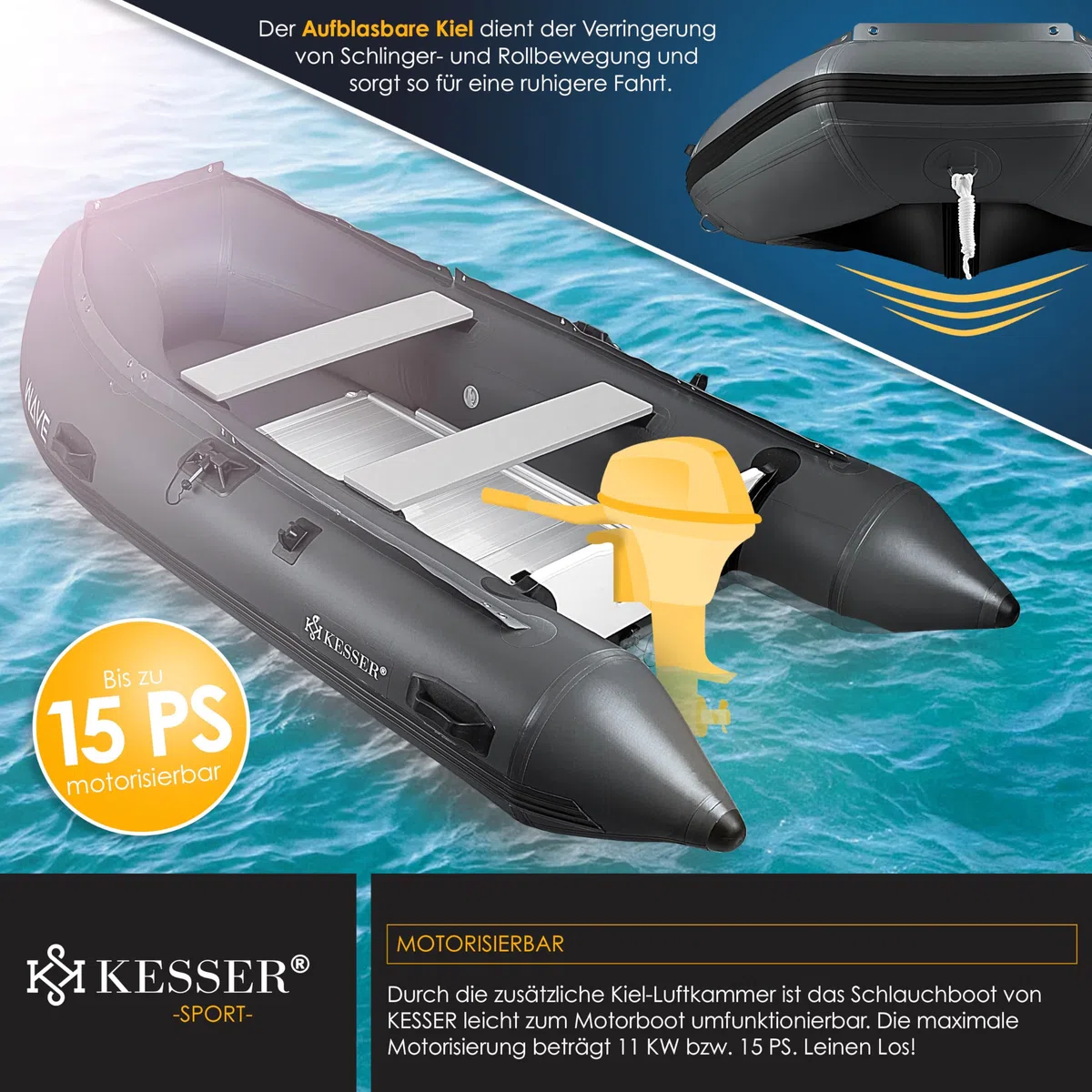 KESSER Gommone 3,20 m per 4 persone – Wave Motor adatto per il tempo libero, barca a motore, barca da pesca, con 2 panche, set di riparazione e borsa gonfiabile in PVC
