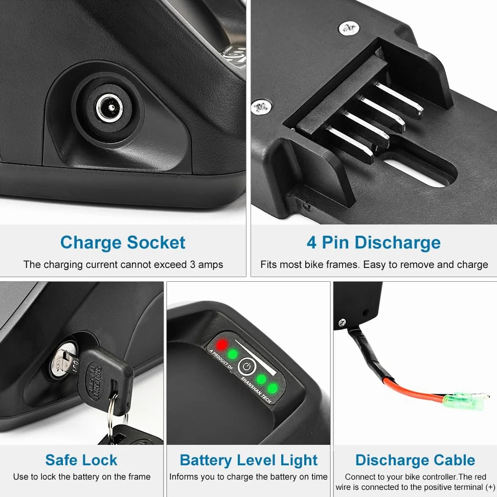 Batteria per Bicicletta Elettrica, Batteria Ebike 36V 48V / 22.5Ah-10Ah per 250W Motore Bici, con Base 4Pin/5Pin, Caricabatterie e Blocco Sicurezza (36V 10AH per 50-250W,con Borsa Batterie)