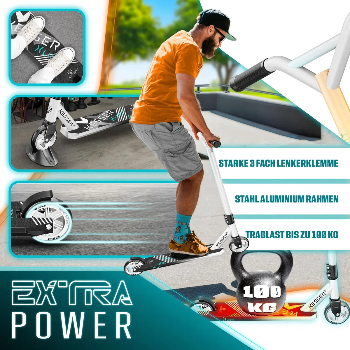 KESSER® Monopattino divertente Monopattino acrobatico X-Limit - Sterzo a 360° con ABEC 9 cuscinetti a sfera ruote in PU da 100 mm Monopattino robusto, Monopattino per bambini adulti