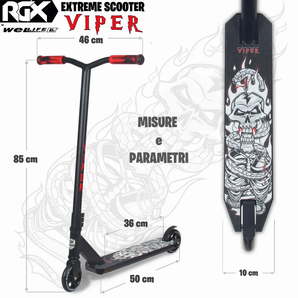 WeLLIFE Monopattini Freestyle Viper RGX Con Casco Protettivo Monopattino Freestyle Professionale, Manubrio HIC System Ruote 110mm e Cerchi in Alluminio, Cuscinetti Abec9, Ideale per Adulti e Ragazzi