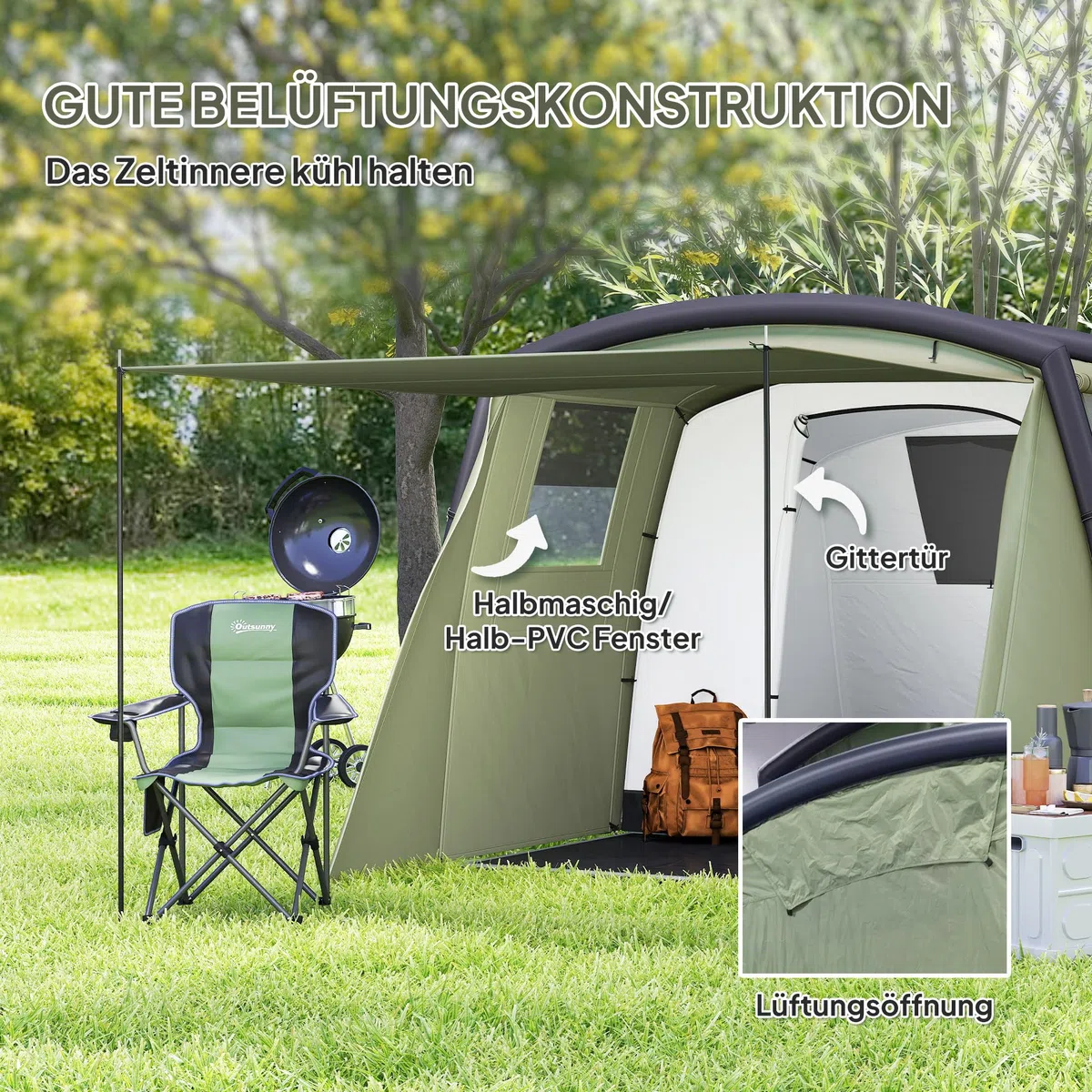 Outsunny Tenda gonfiabile per 3-6 persone - Tenda da campeggio per esterni con pompa ad aria UV50+ Tenda familiare antivento per 3 stagioni
