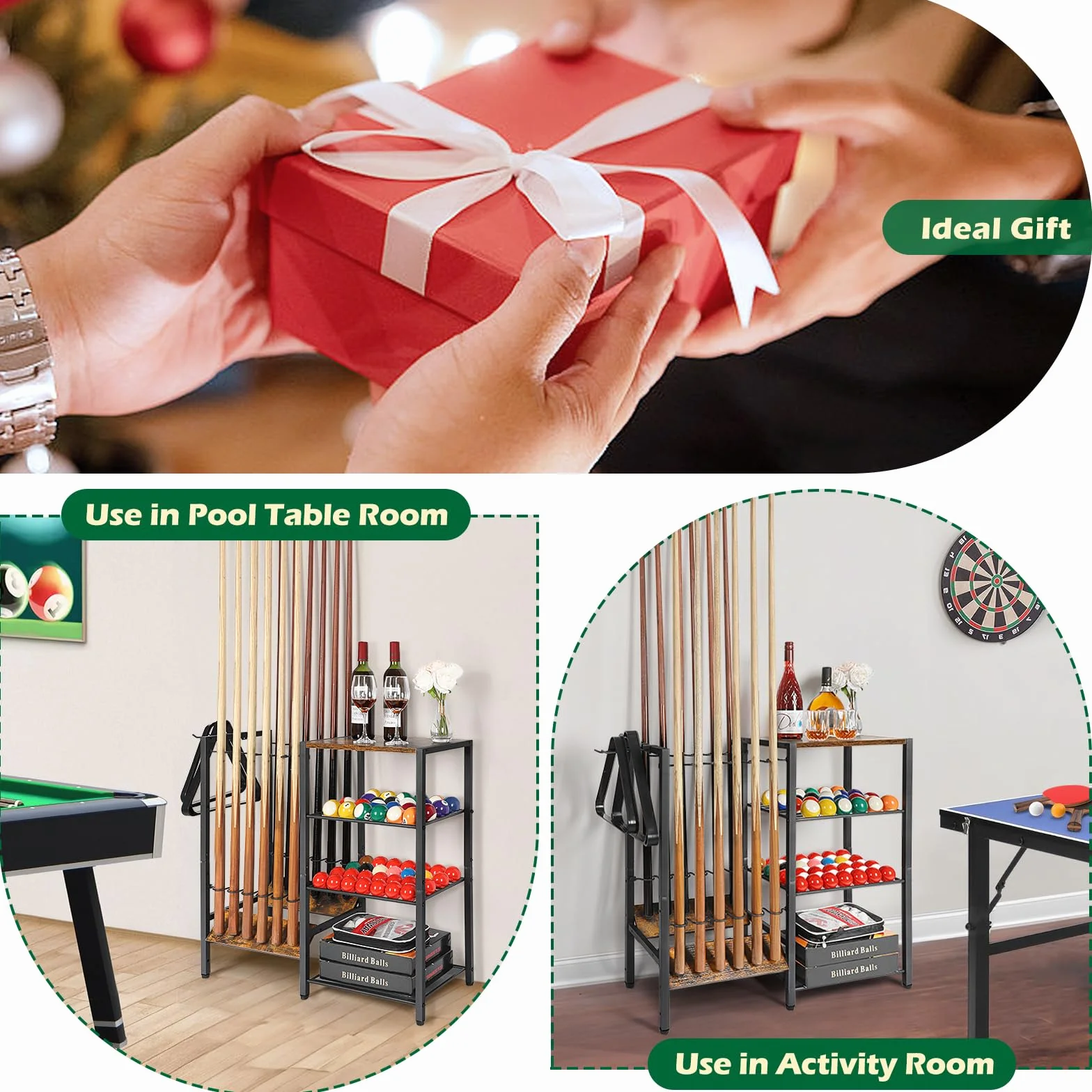 Bikoney Porta Stecche da Biliardo a Pavimento per Fino a 12 Bastone, Biliardo da Tavolo con Spazio per Palline, Grande Supporto Bastoncini da Biliardo di Accessori per Tavolo da Biliardo