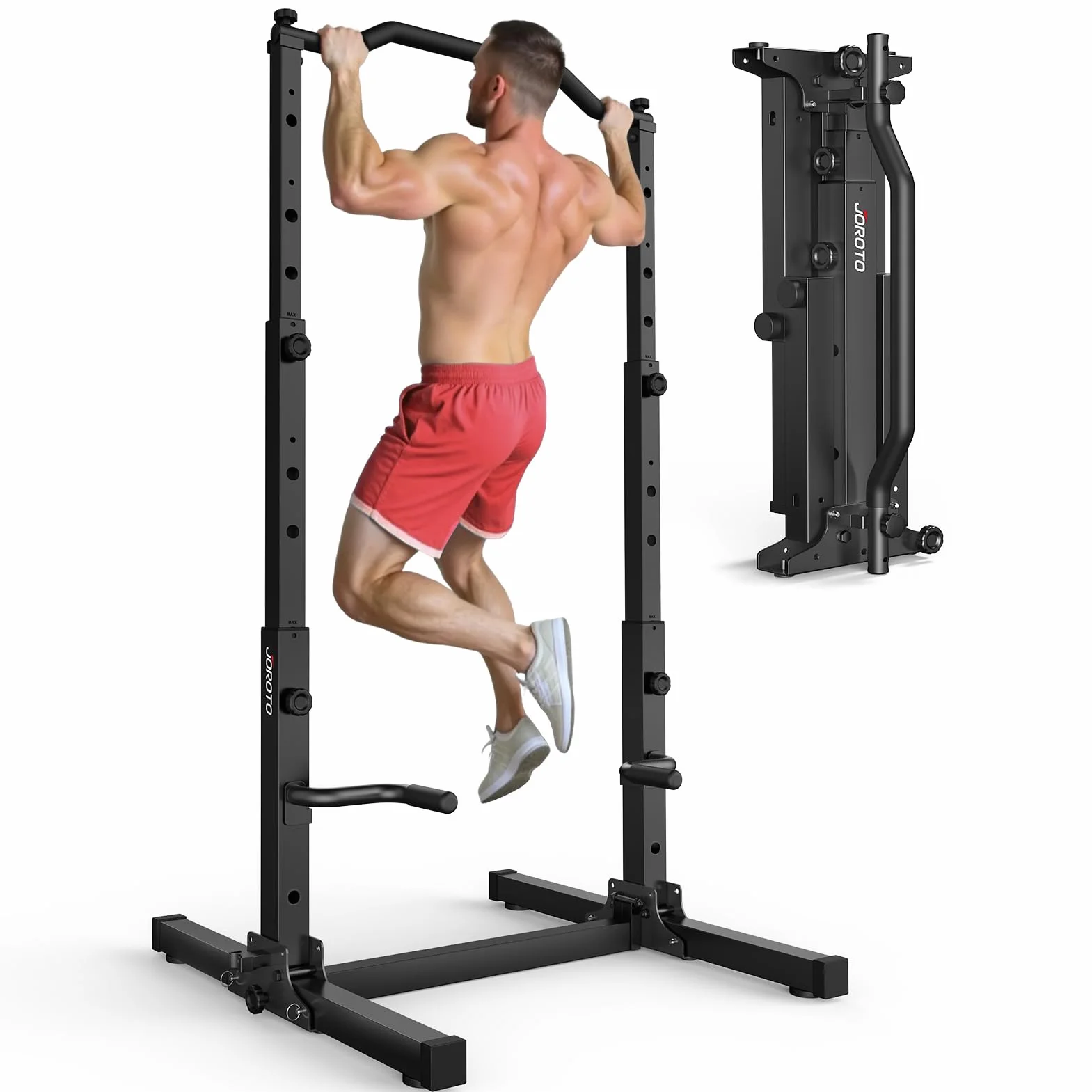 JOROTO Pieghevole Power Tower Dip Station, Regolabile in Altezza, Sbarra per Trazioni Autoportante, 5 in 1 Stazione di Allenamento per Palestra Domestica Multifunzione, Capacità di 172KG