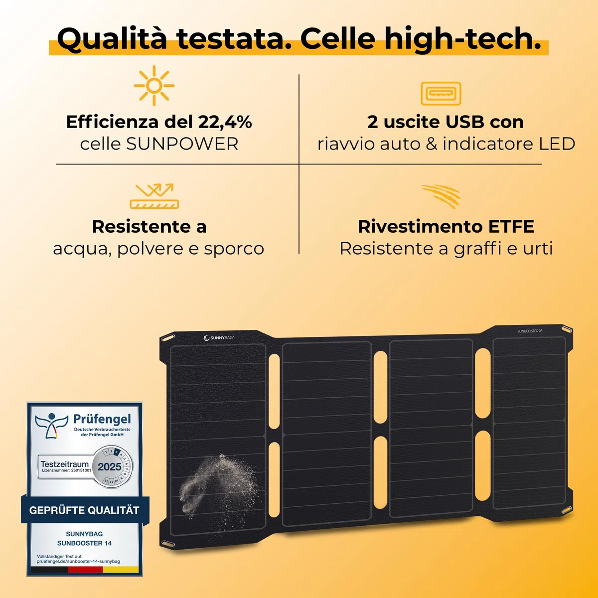 Sunnybag SUNBOOSTER 28 | Caricatore solare portatile da 28 Watt | pieghevole, efficiente, impermeabile, 2 uscite USB, cellulare, tablet, power bank in viaggio, per attività all'aperto, escursioni,