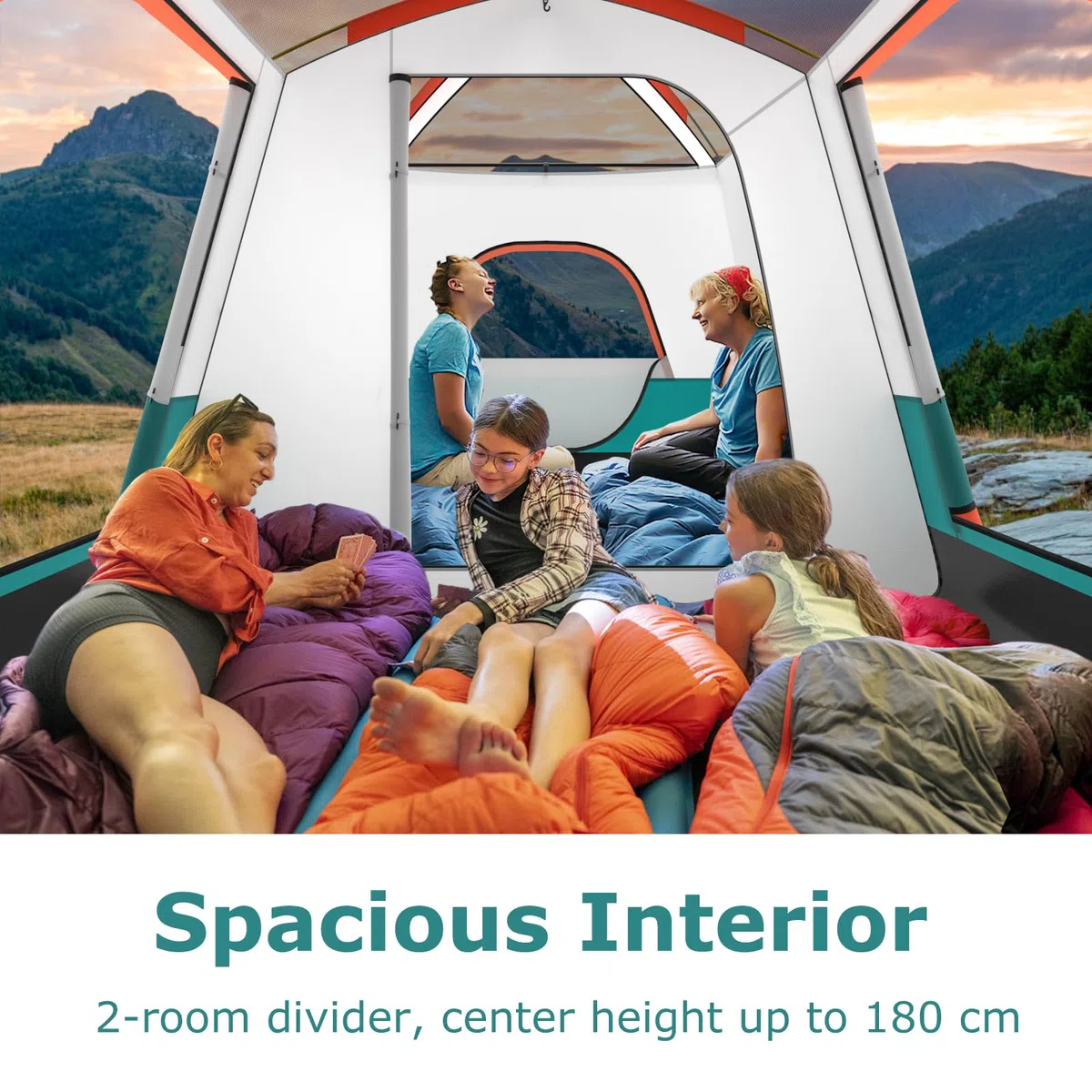 HOMASIS Tenda Campeggio con Portico e 2 Camere, Tenda Familiare da Esterno con 2 Finestre e 2 Porte, Gancio per Appendere la Lampada, Tasca Portaoggetti, Borsa da Trasporto, Grigio e Verde