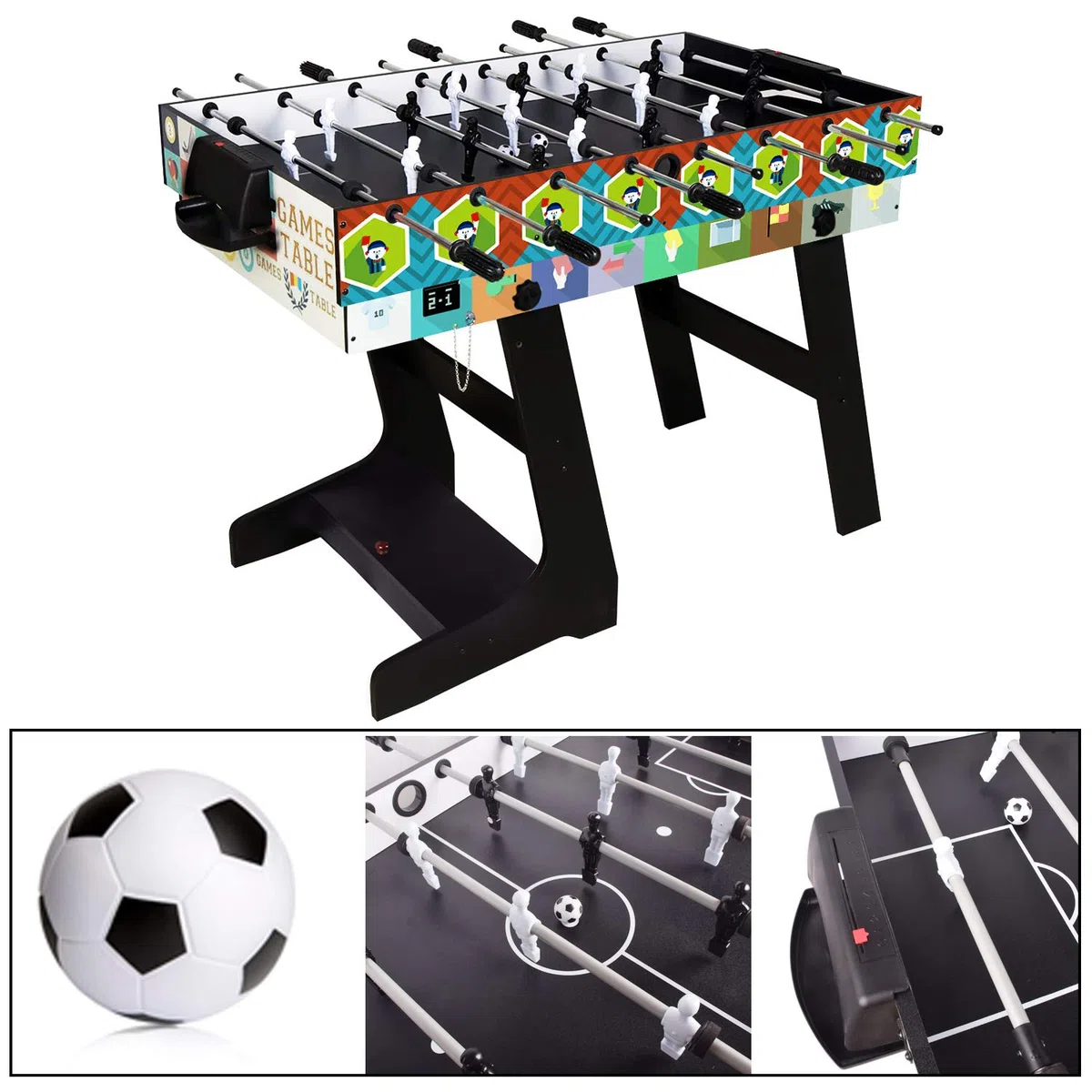 Tavolo da Gioco Pieghevole 4 in 1 Muliti: Biliardo/Snooker, Calcio, Ping Pong, Hockey ad Aria Con Scatola Portaoggetti, 1,2 m