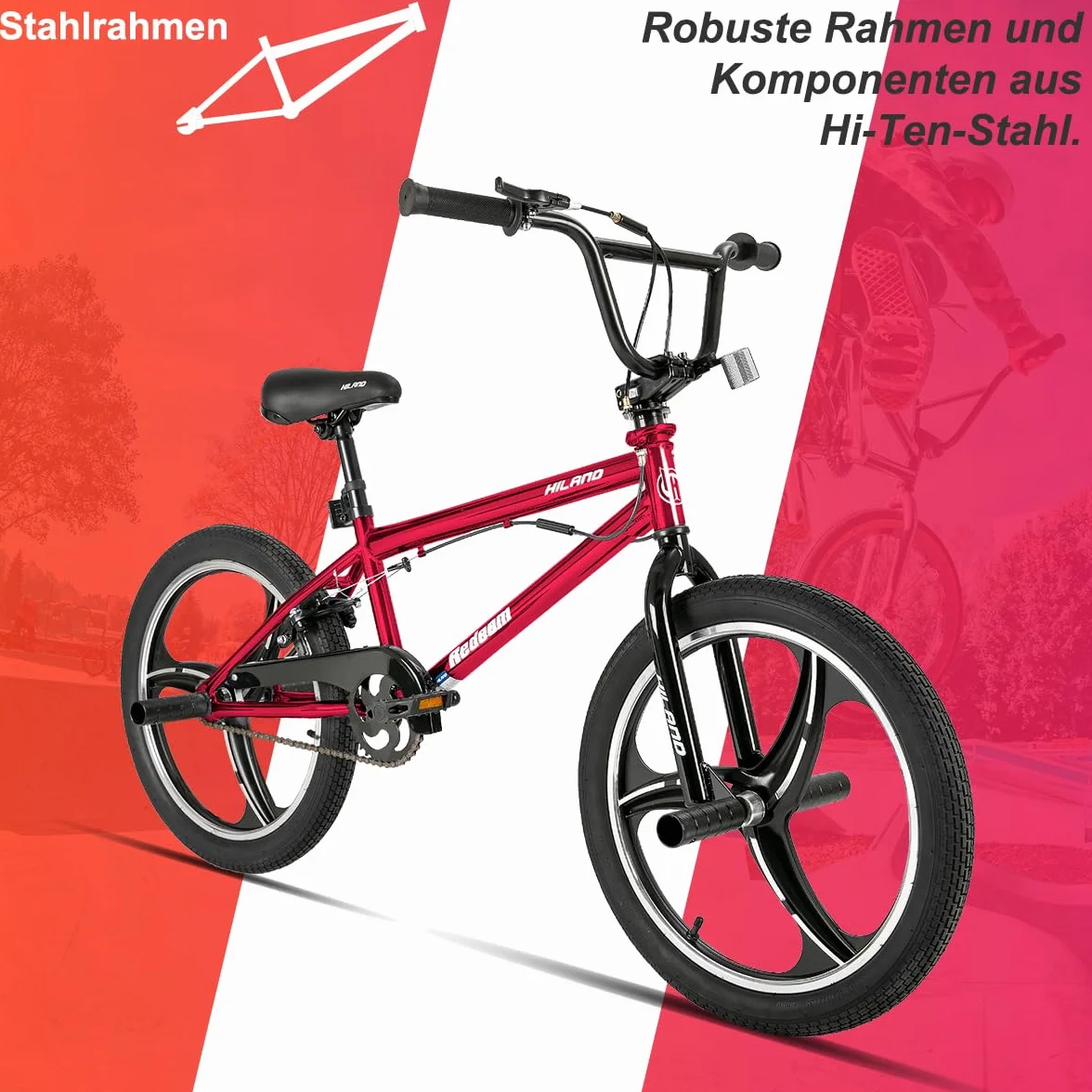 HILAND BMX Bicicletta per bambini da 20 pollici,3 razze, Per bambini e bambine di 7 anni e più，rotore a 361 gradi, freestyle,pedane single speed per bambini,rosso