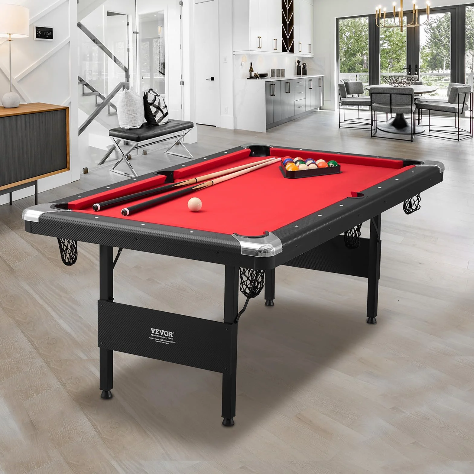 VEVOR Tavolo da Biliardo 1,9 m, Tavolo Portatile e Pieghevole, Set da Biliardo con Palline, Stecche, Gesso, Nero con Panno Rosso, Perfetto per la Sala Giochi della Famiglia, Bambini e Adulti