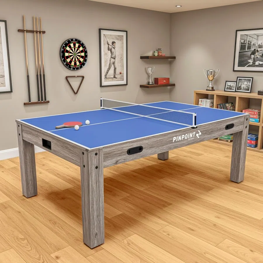 PINPOINT Tavolo da gioco 4 in 1 – biliardo, air hockey, ping pong e giochi da tavolo – Tavolo da interno da 2,1 m con accessori inclusi – Finitura in legno grigio Driftwood per sale giochi e famiglia