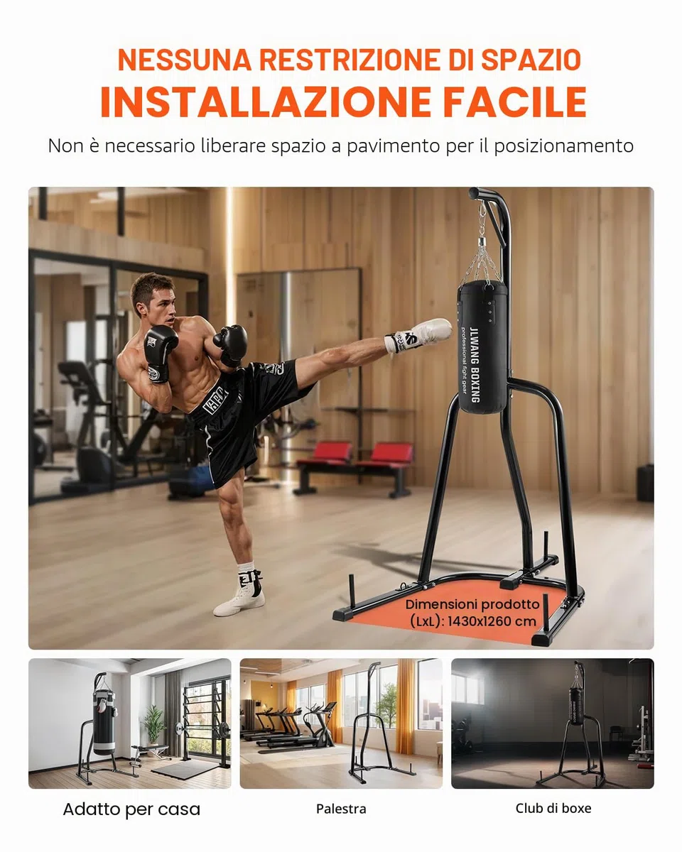 VEVOR Supporto per sacco da boxe, in acciaio resistente, attrezzatura per allenamento di allenamento, altezza regolabile, supporto da boxe con base ponderata, supporta fino a 63,5 kg, autoportante