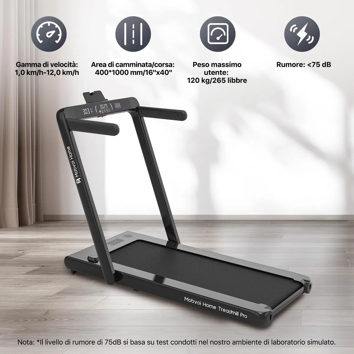 Mobvoi Home Tapis Roulant AI Intelligente 3 in 1 per casa e ufficio Supporto per Tapis Roulant per Tazza Telefono Laptop Ampia Area di Corsa Display a LED TicSports Zwift Kinomap APP 12km/h 120kg