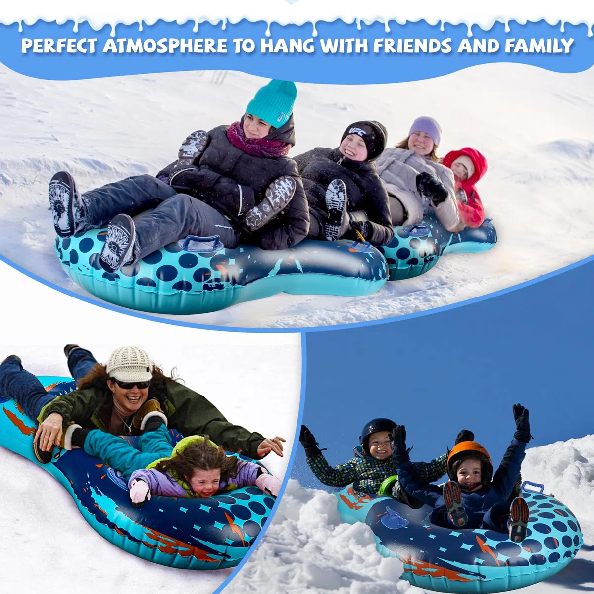 Tubo da neve con fune di traino trainabile, slitta gonfiabile heavy duty per 2 persone per bambini e adulti, di alta qualità, resistente all'abrasione, con fondo ispessito, tubi per slittino