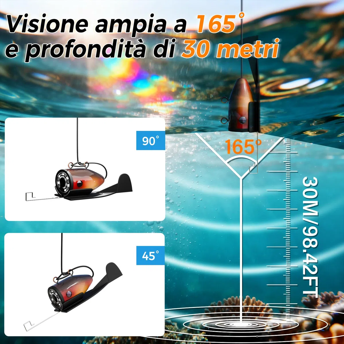 Ecoscandaglio da Pesca Telecamera subacquea 7" Impermeabile IP68 Cercatore Cavo per pesca in Mare, Lago, Fiume e Ghiaccio (15M)