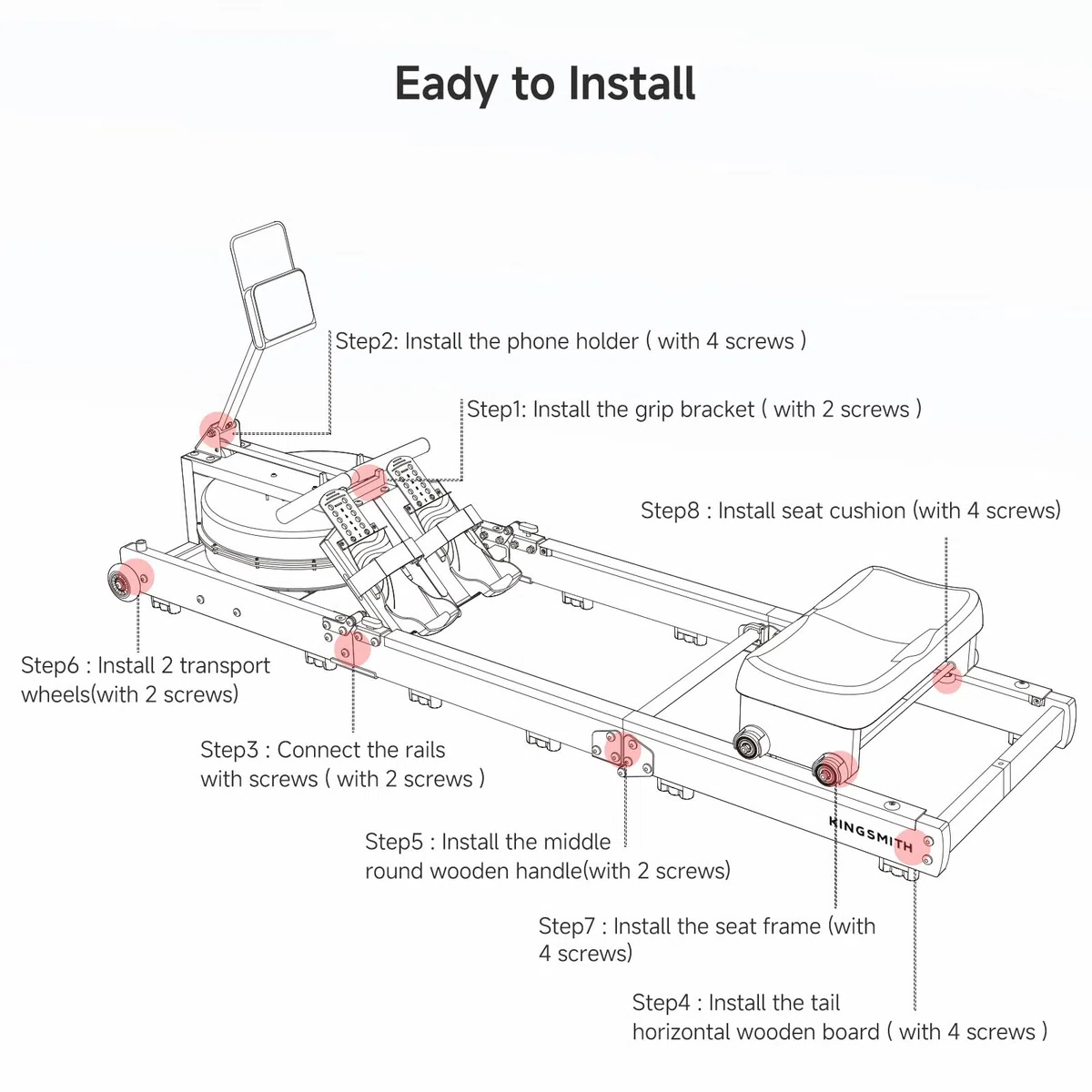 Vogatore Professionale per Casa, Vogatore ad Acqua Tripla Pieghevole con Regolazione di 5 Livelli, Capacità di Peso 180KG con Monitor a LED, Compatibile con l'app Noce