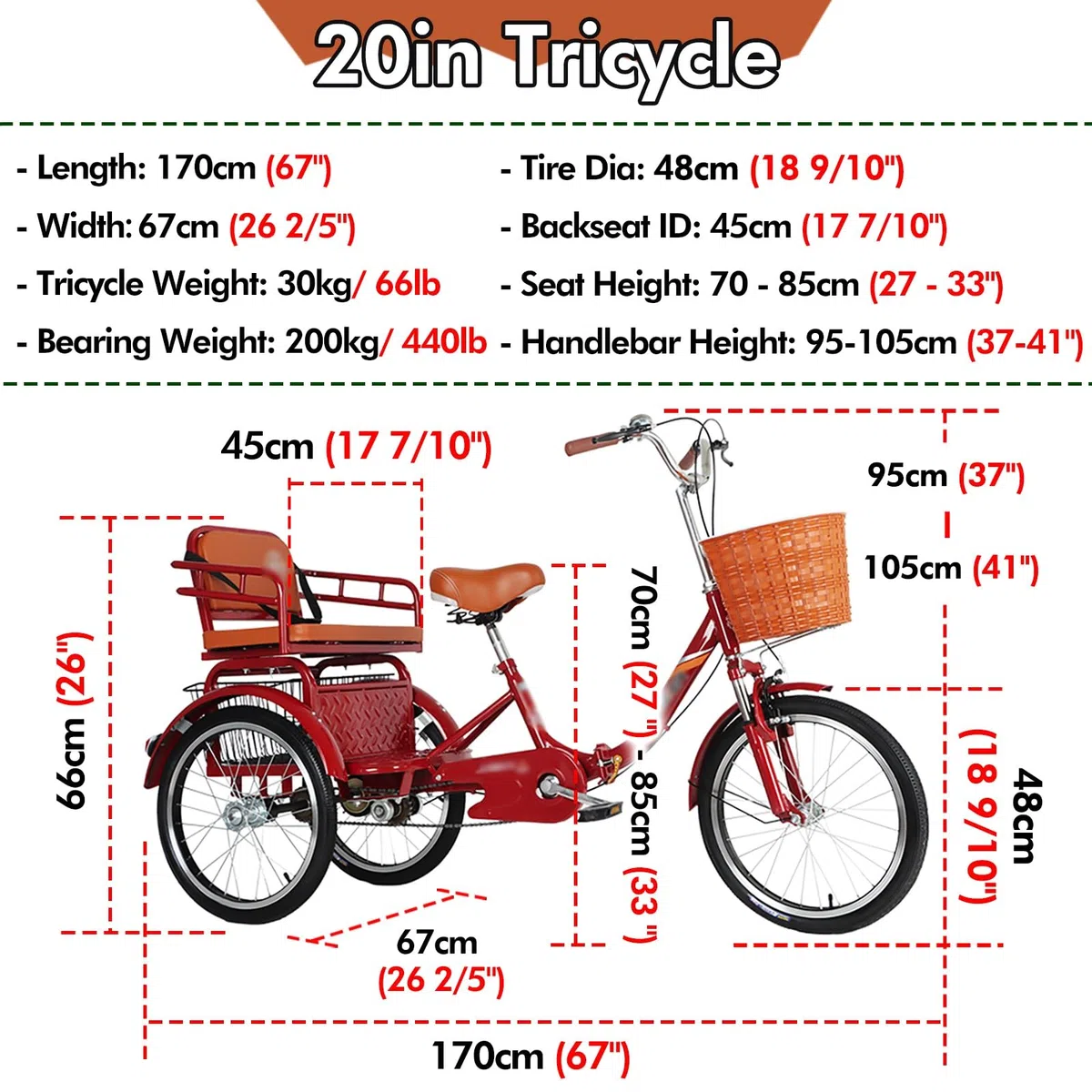 Adulti Tricicli for adulti Bicicletta da crociera leggera a tre ruote, triciclo per adulti a due posti, bici a tre ruote per il trasporto di passeggeri e merci, bici da viaggio per genitori(Beige)