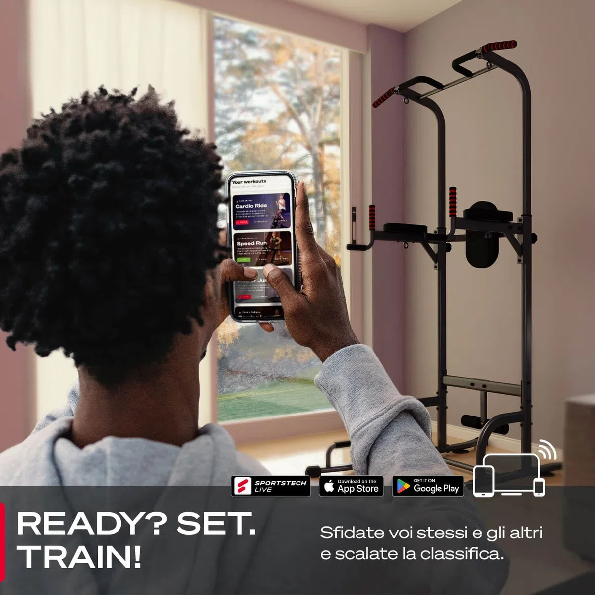 Sportstech Power Tower PT300 | Stazione di allenamento multifunzionale 7 in 1 | Torre per bodybuilding per trazioni e dip | Impugnature per flessioni + Anelli per corde di resistenza e sospensione