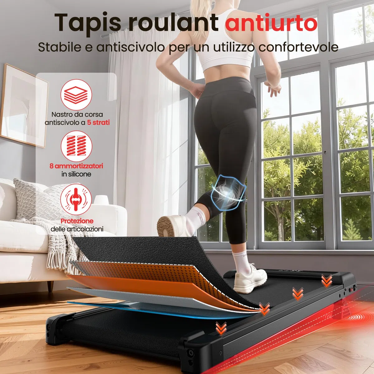 Tapis Roulant Elettrico Pieghevole Salvaspazio, Velocità Regolabile 1-8Km/H, Walking Pad 2.5HP, Nessuna installazione richiesta, Salvaspazio, Telecomando