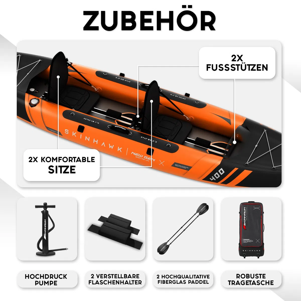 SKINHAWK Prestige Orange Kayak Set 400 - Gommone - Canoa - 400 x 96 cm - 2 persone Kayak