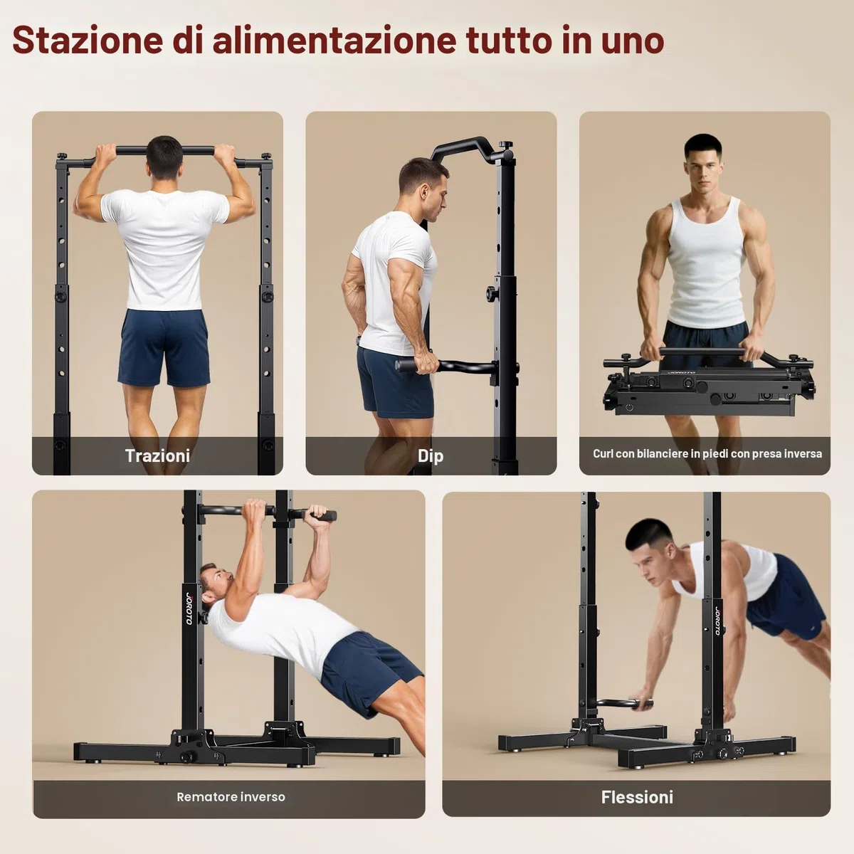 JOROTO Pieghevole Power Tower Dip Station, Regolabile in Altezza, Sbarra per Trazioni Autoportante, 5 in 1 Stazione di Allenamento per Palestra Domestica Multifunzione, Capacità di 172KG