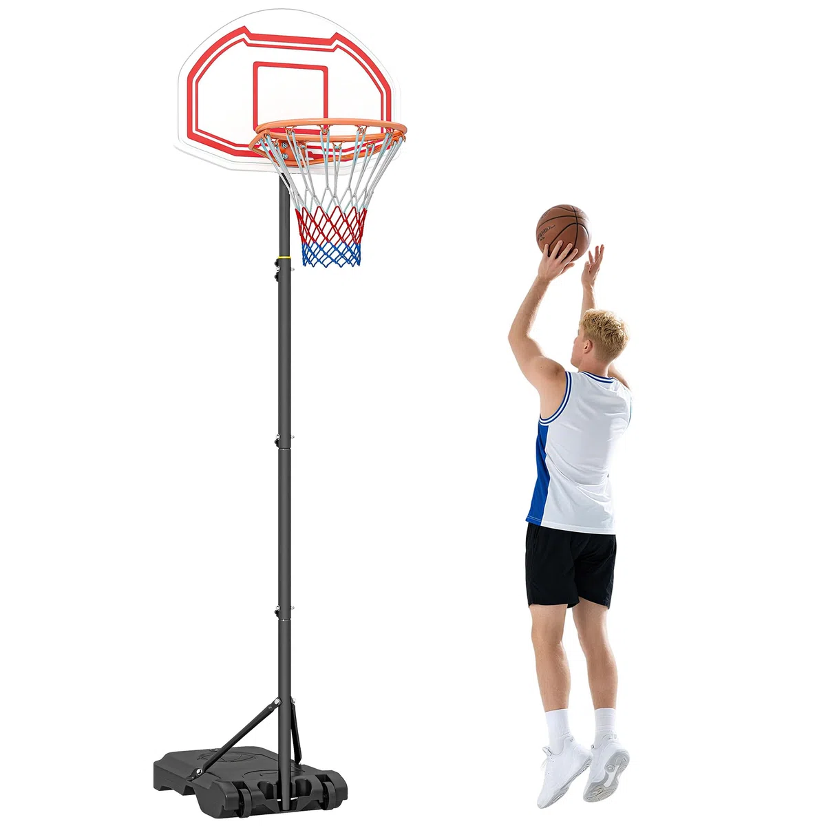 HOMCOM Canestro Basket ad Altezza Regolabile con Base Riempibile e 2 Ruote, Canestro da Basket in Acciaio, PE e HDPE, 70x45x258-314cm, Rosso
