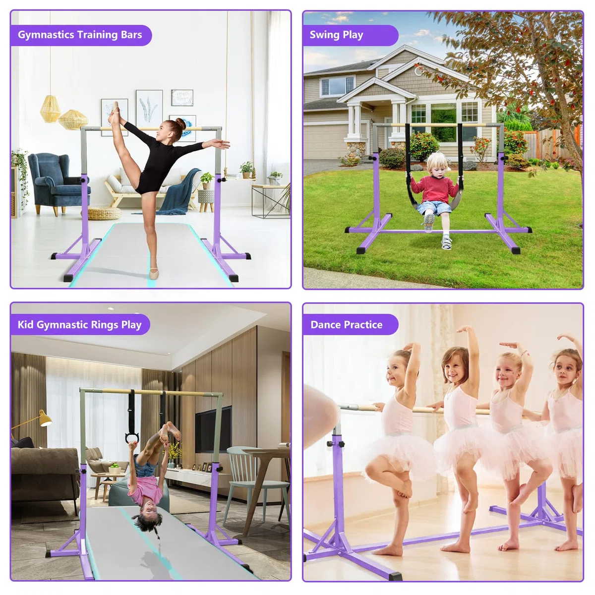 FBSPORT Barra da Ginnastica per Bambini con 13 Altezze Regolabili,Sbarra di Ginnastica per Bambini Barra Ginnastica Orizzontali Artistica Palestra Danza per Bambini e Bambine e Portatile Viola