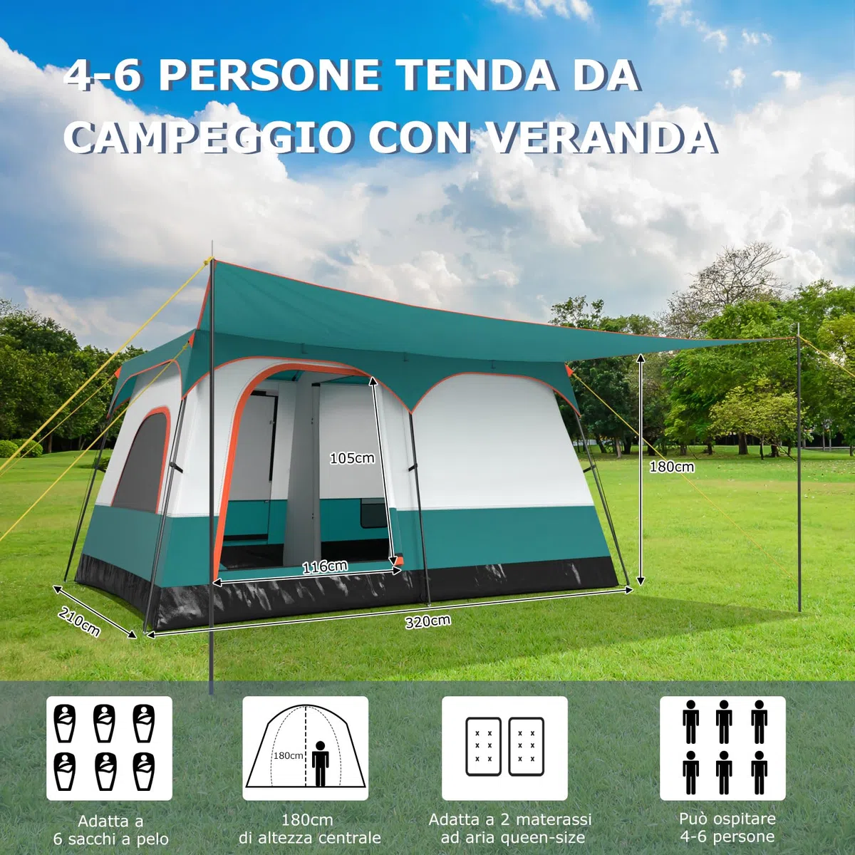COSTWAY Tenda da Campeggio per 6/8/10 Persone con Veranda, Tenda Familiare con 2 Stanza, 2 Porte, 2 Finestre e Tetto Trasparente,Tendone Impermeabile e Facile da Installare