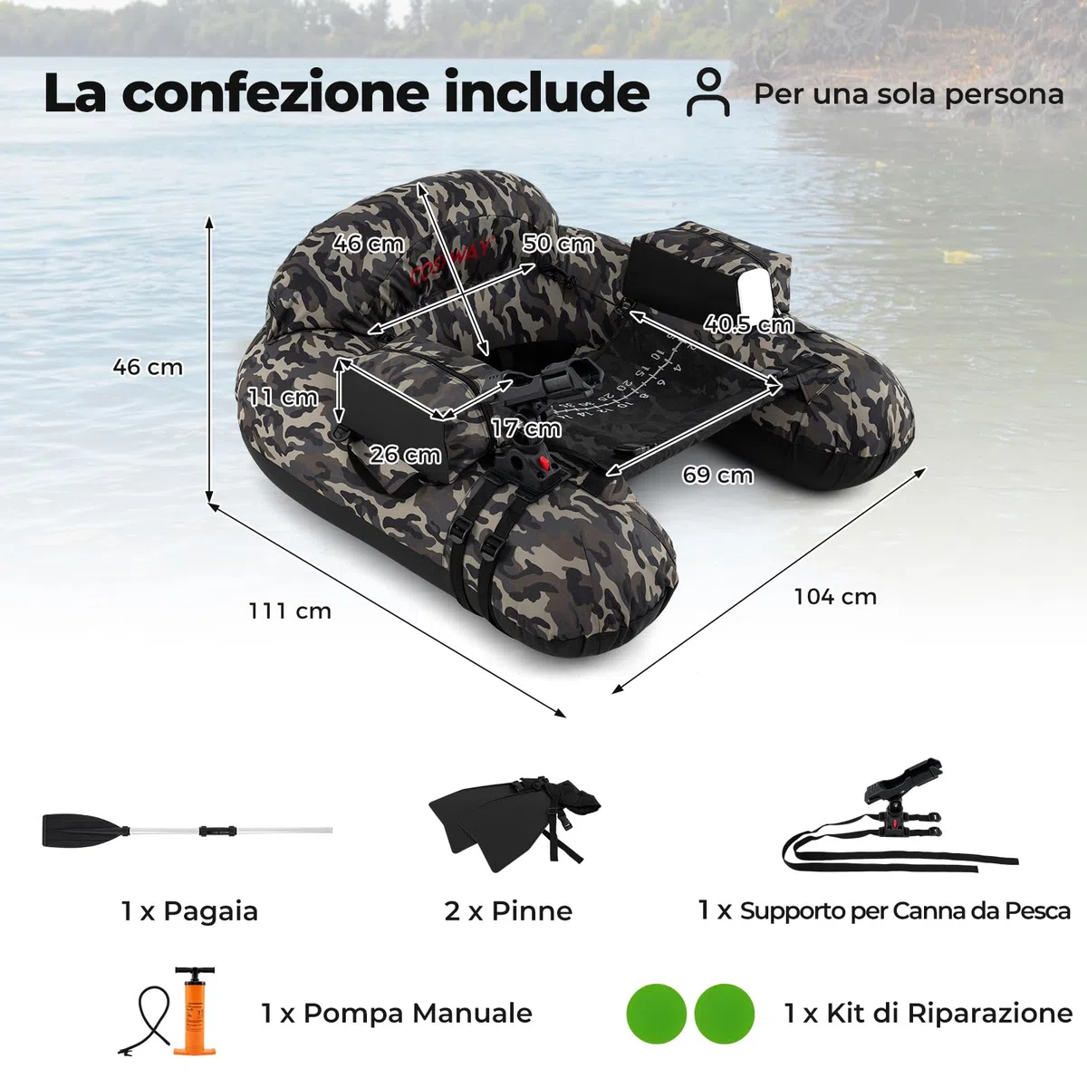 COSTWAY Barca Gonfiabile da Pesca, Belly Boat Portatile con Portacanna Regolabile, Supporto per Ami, Pagaia in Alluminio, Pinne, Pompa e Kit di Riparazione, Portata 150 kg