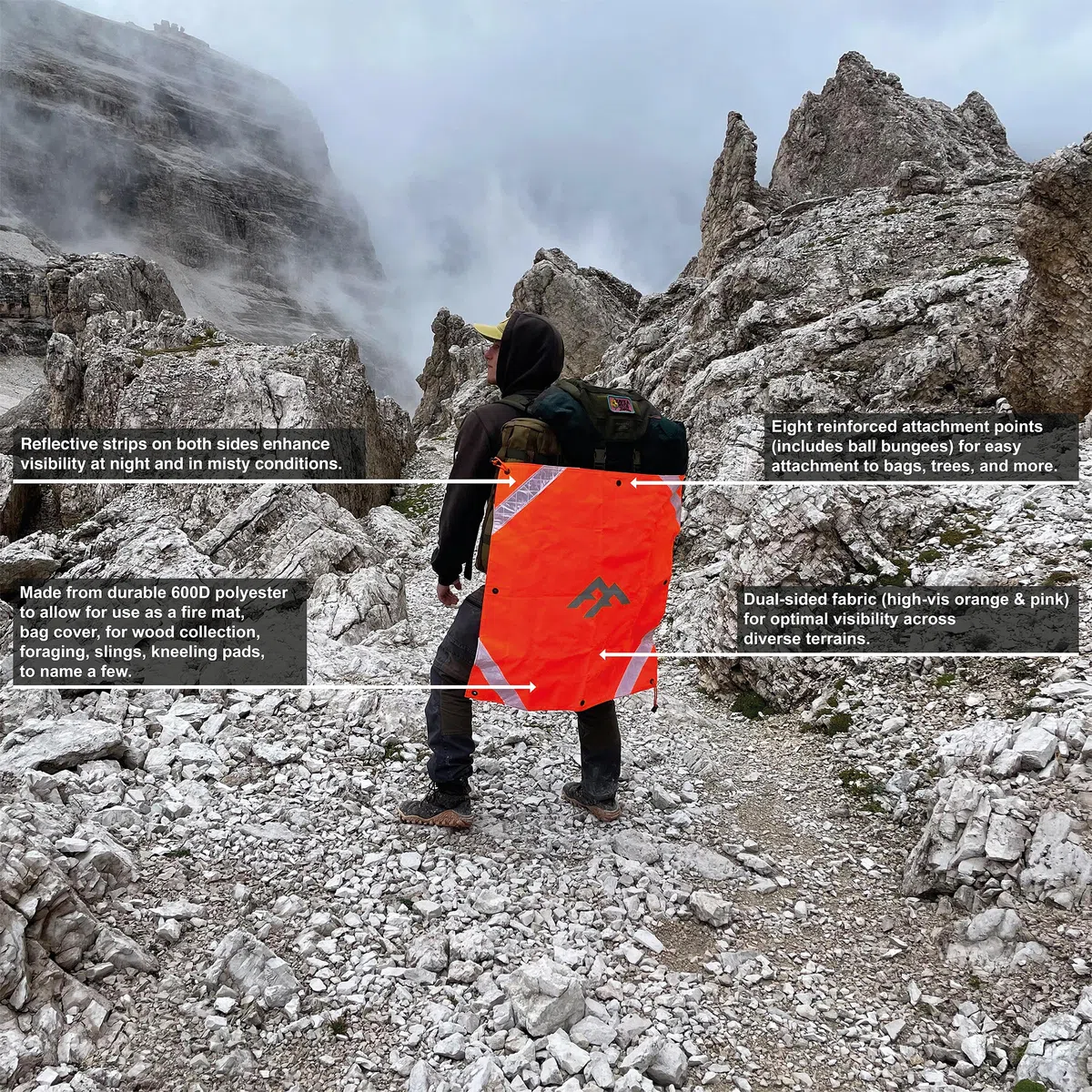 Forest Fundamentals Signal Utility Panels | Pannelli d'aria compatti per segnalazione di emergenza | Ad alta visibilità arancione e rosa con strisce riflettenti | Poliestere 600D resistente per uso
