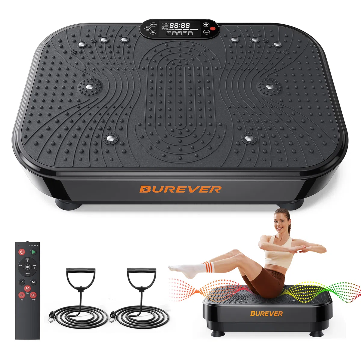 Pedana Vibrante Dimagrante, Vibration Plate Burever 150W, Massaggio Silenzioso ai Piedi, Sviluppo e Modellamento Muscolare, 99 Livelli, 5 Programmi di Allenamento, Telecomando, Fasce Elastiche