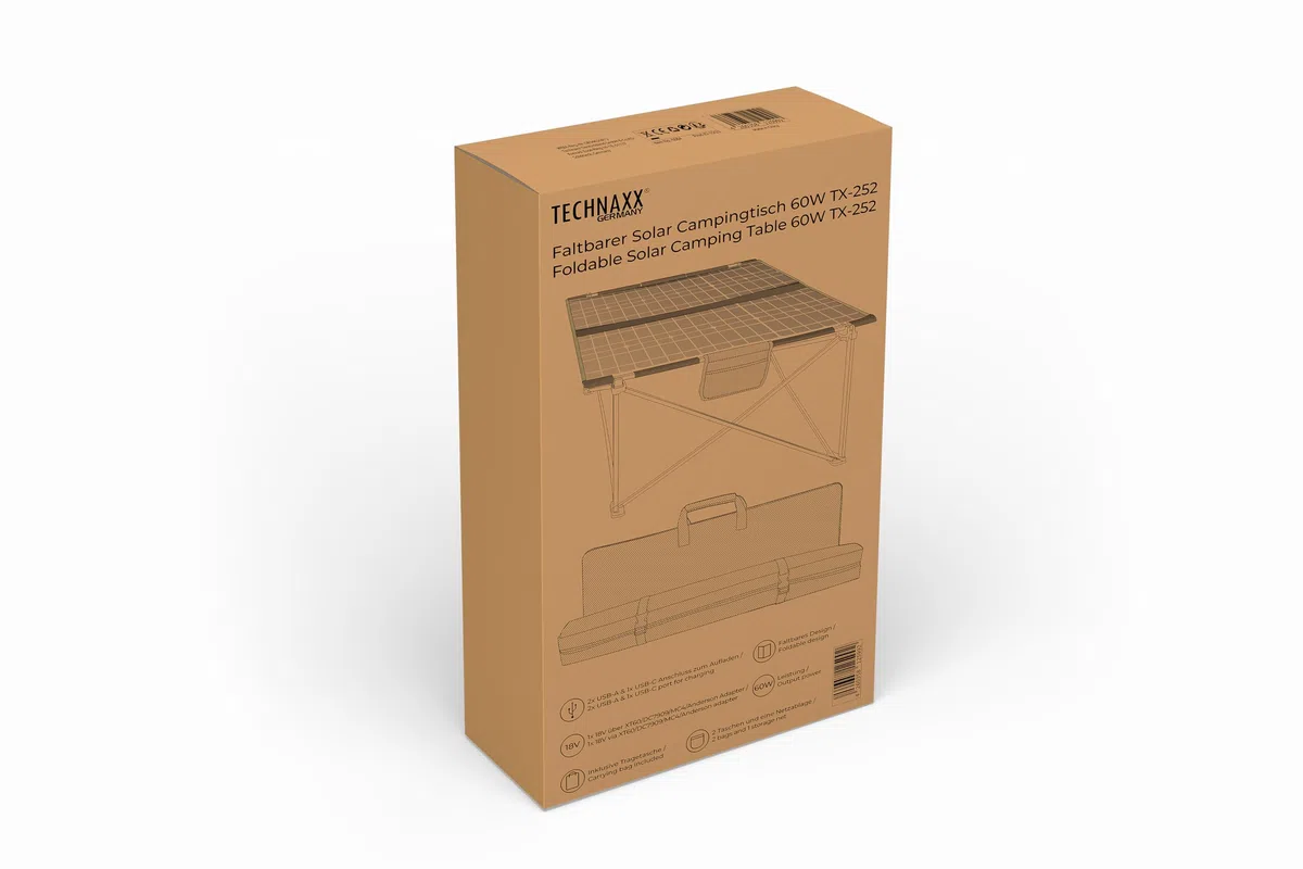 Technaxx TX-252, tavolo solare da campeggio pieghevole da 60W, pannello solare monocristallino con 3x porte USB, uscita DC e design robusto - perfetto per il campeggio e le attività all'aria aperta