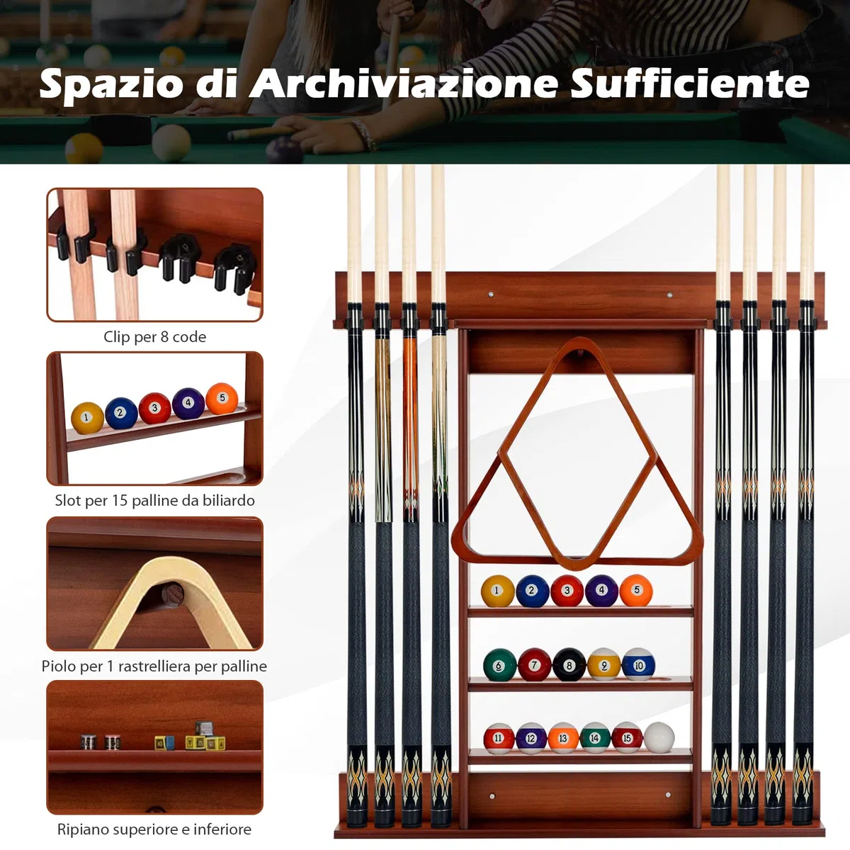 COSTWAY Porta Stecche da Biliardo in Legno Massello, Porta Biliardo a Parete Può Ospitare 8 Stecche 15 Palle da Biliardo e 1 Portapalle, Attrezzatura da Biliardo per Sala da Biliardo Club Bar(Marrone)