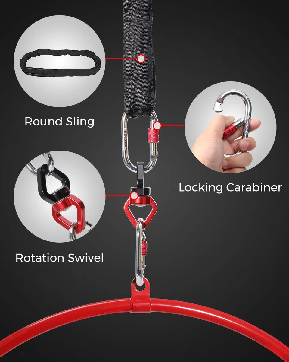 Cero Aereo con Borsa da Magazzino Accessori - Lyra a Punto Singcolo Rosso Premium 85 /90cm Set Anello Yoga Aereo per Circo, Acrobazie, Danza e Yoga, Sistema di Sicurezza 2 Tonnellate e Finitura Lucida