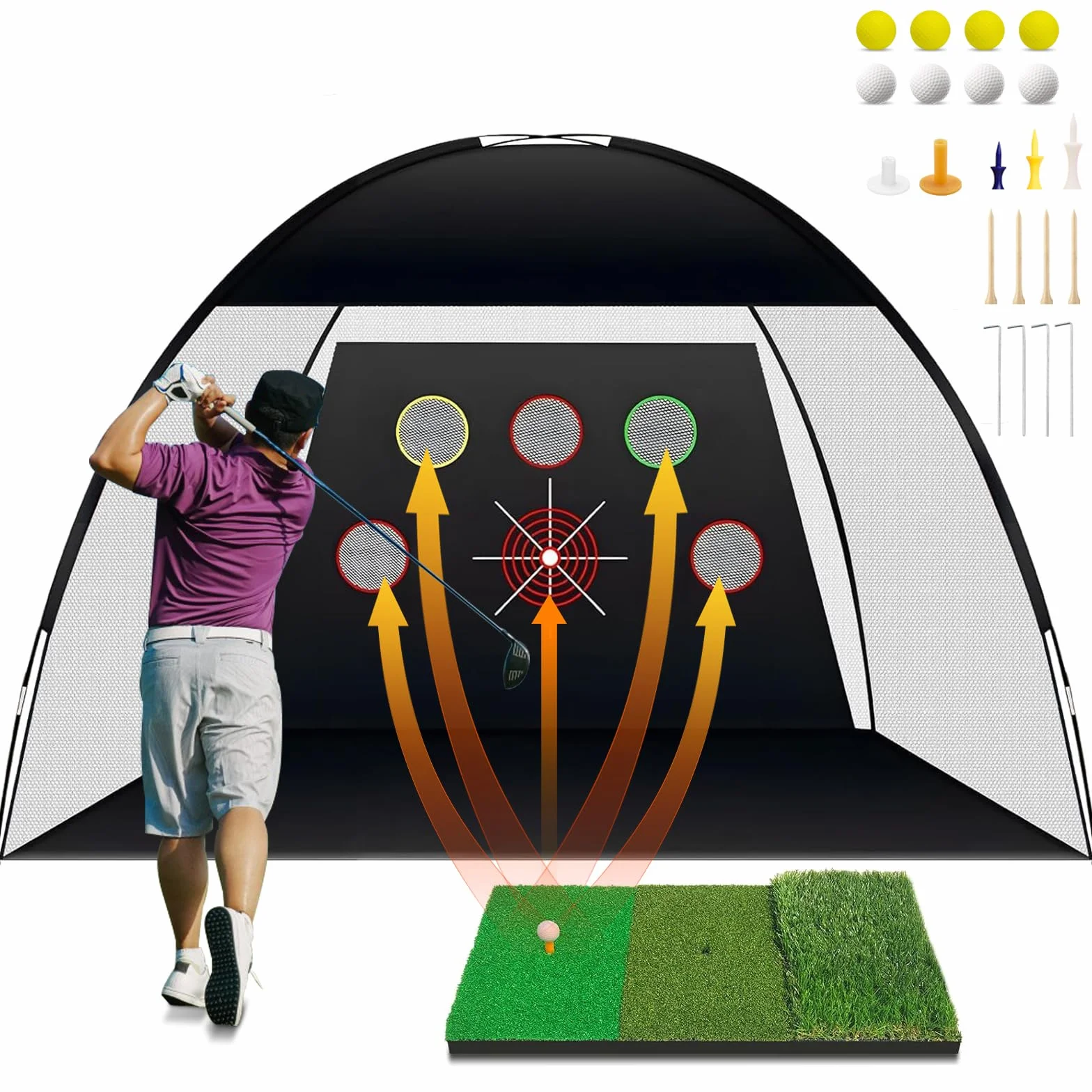 TTCB Sports Rete da golf per attività all'aperto, 3 x 2,1 m, rete da golf da interni con tappetino e correttore per oscillazione per guida in cortile, scheggiature, accessori per attrezzature da