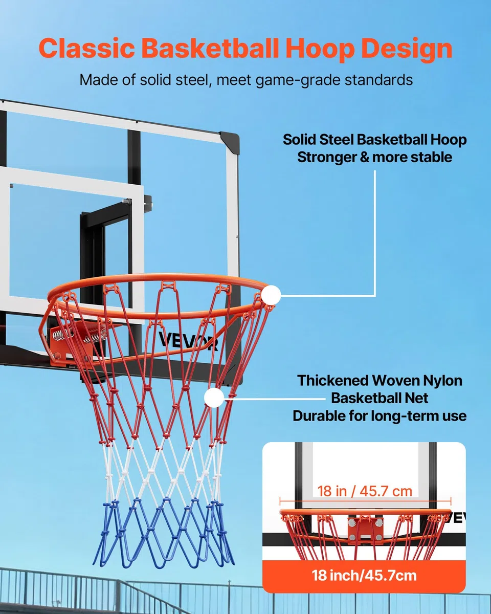 VEVOR Canestro Basket Esterno Interno con Tabellone in PC da 1117,6 mm e Tabellone con Spessore di 2 mm, Rete in Nylon Intrecciato Spesso, Canestro da Basket Peso di 10 kg Professionale e Divertente