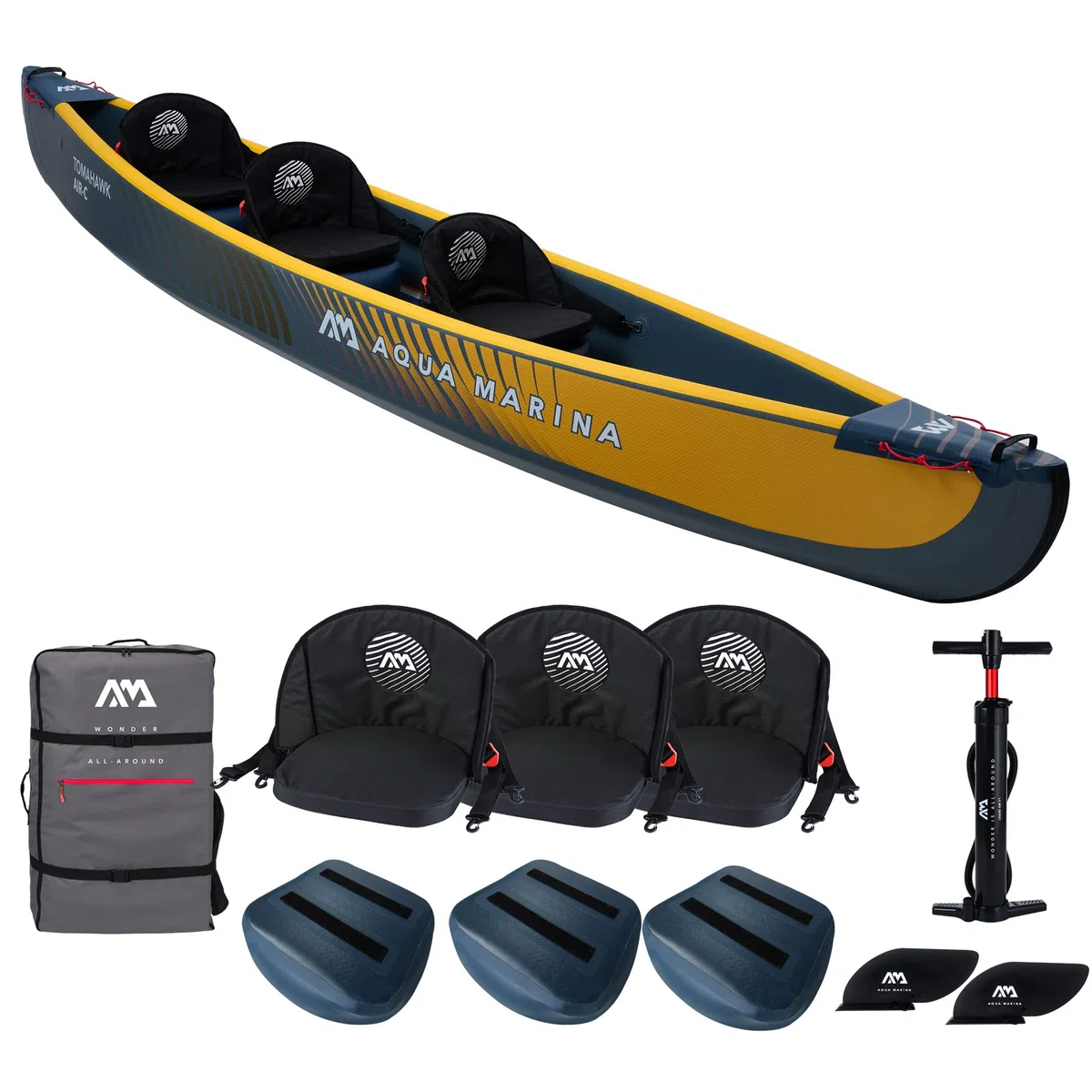 Aqua Marina Tomahawk AIR-C - Kayak/canoa gonfiabile ad alta pressione, per 2-3 persone, lunghezza 478 cm, colore: blu marino/giallo
