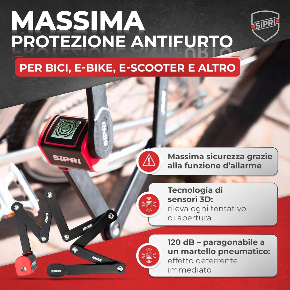 SIPRI Lucchetto pieghevole per bicicletta con allarme, 120 dB, pieghevole, ad alta sicurezza, per e-bike, scooter e moto, in acciaio da 8 mm, 116 cm, resistente alle intemperie, robusto lucchetto con