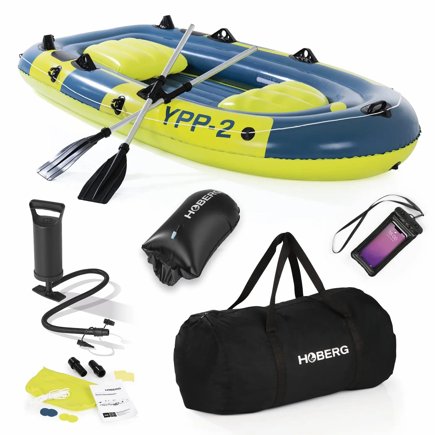 Hoberg Gommoni per imbarcazioni 2 posti / 4 posti | Adatto per 2 o 4 persone | Con 2 panche, 2 pagaie, pompa, kit di riparazione, 2 supporti per la pesca, sacca asciutta e altri accessori [blu/giallo]