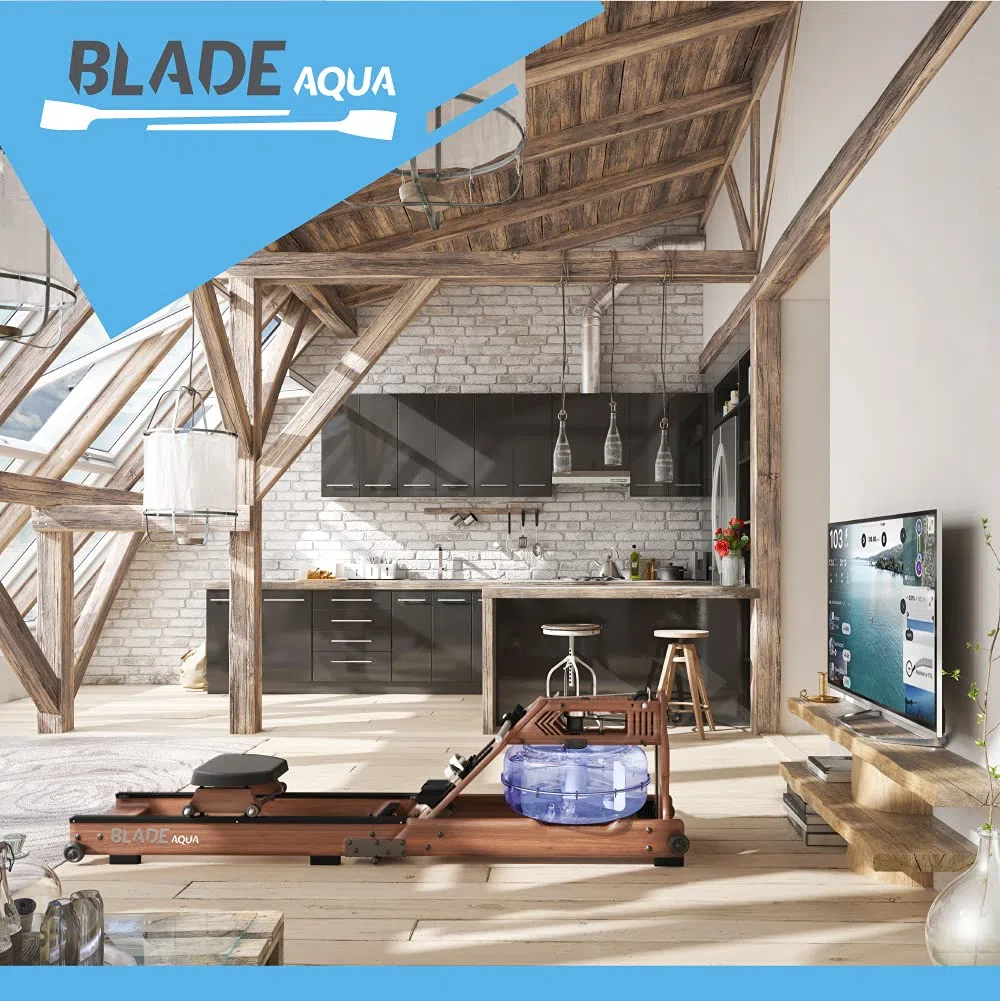 Bluefin Fitness Blade Aqua W-1, Vogatore ad Acqua, Frassino Americano Sostenibile al 100%, Vogatore Pieghevole per Casa, Display LCD, Applicazione Kinomap Inclusa, nero/marrone.