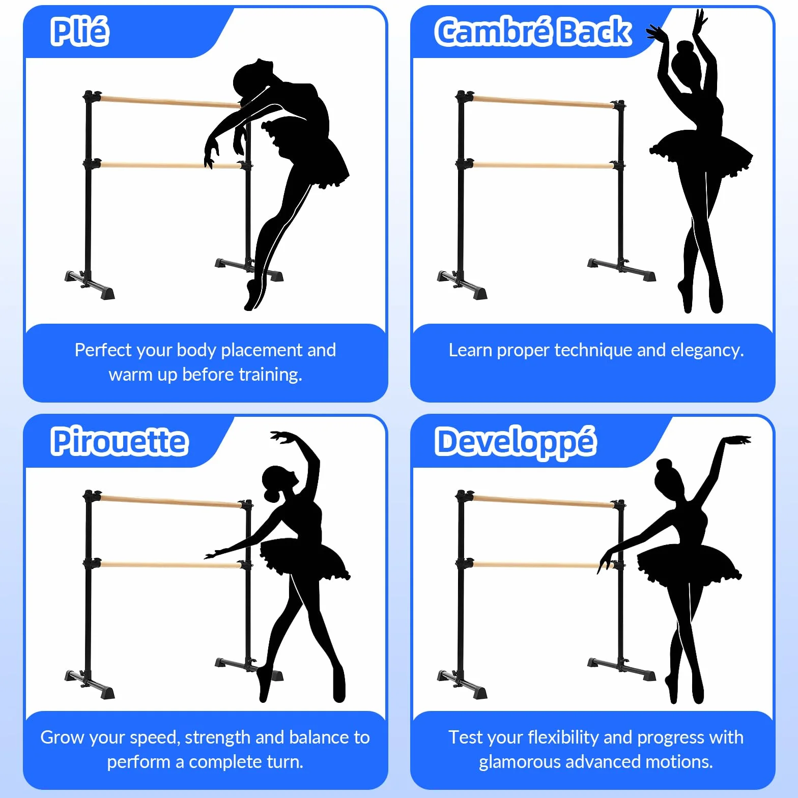 LIROPAU Doppia barra per balletto, autoportante, con piedini antiscivolo, altezza regolabile da 15 a 122 cm, per ragazze e adulti